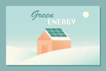 Green energy lettering and cottage house with solar panels on roof  and sun on sky. Modern hand drawn vector illustration in flat style and retro colors. Green technology, solar energy.