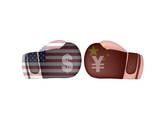 USA VS China Trade war, Dollar and Yuan on Boxing gloves with The United States of America and The Republic of China flag, boxing battle concept, sign symbol background, vector illustration.