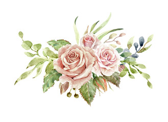 Rose paint, watercolor rose floral illustration, Leaf and buds, Botanic composition layer path, clipping path 