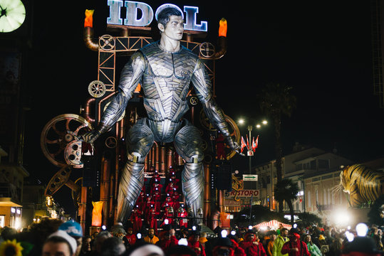 VIAREGGIO,ITALY-FEB.01 2020: "idol " is a giant carnival float representing a parody of cristiano ronaldo football plaer, parades in the street of viareggio carnival