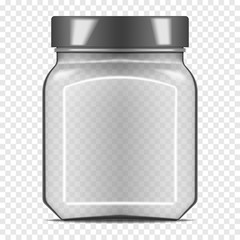 Clear glass jar with screw lid on transparent background, realistic vector mockup. Empty food or cosmetic product container. Template for design