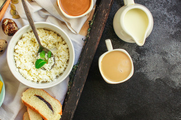healthy breakfast, cottage cheese, coffee and other (tasty snack) menu concept background. top view. copy space