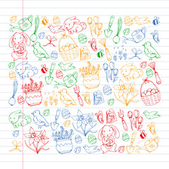 Vector pattern with easter and spring elements. Eggs in basket, bunny, flowers, birds