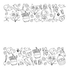 Coloring page. Vector pattern with easter and spring elements. Eggs in basket, bunny, flowers, birds