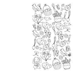 Coloring page. Vector pattern with easter and spring elements. Eggs in basket, bunny, flowers, birds