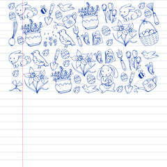 Fototapeta premium Vector pattern with easter and spring elements. Eggs in basket, bunny, flowers, birds