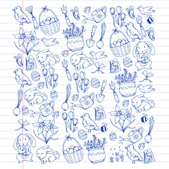 Vector pattern with easter and spring elements. Eggs in basket, bunny, flowers, birds