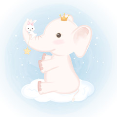 Baby elephant with rabbit on cloud hand drawn cartoon animal illustration