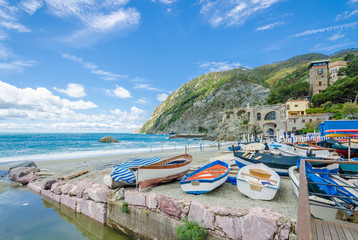 monterosso in Cinque Terre, Italy, view at the ocean line from mountain trail