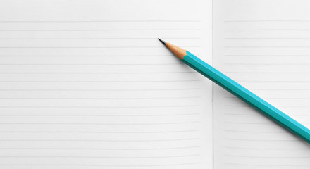 Aqua Menthe pencil with a black stylus on a spread of blank pages of a notebook for business