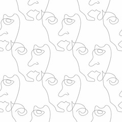 Seamless pattern with sketch of abstract face drawn by one line. Simple minimalistic print. Modern vector illustration.