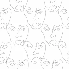 Foto op Plexiglas Lijnkunst Naadloze patroon met schets van abstracte gezicht getekend door één lijn. Eenvoudige minimalistische print. Moderne vectorillustratie.