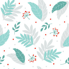 Fototapeta premium Seamless pattern with leaves and berries. Vector illustration in folk style.