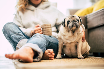 Home daily scene with people and dog with woman sit down on the floor hug an old pug dog - concept of friendship forever with best friend puppy - focus on animal