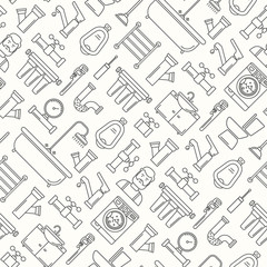 Seamless pattern with line style plumbing icons. Thin line background for plumbing service. Bathroom pattern with outline black icons on white.	