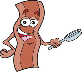 Cartoon illustration of a happy strip of bacon holding a frying pan.
