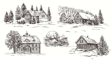 Rural landscape. Hand drawn set