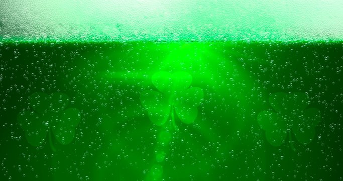 St. Patrick's Day Green Beer background with lens flare with shamrock leafs. For festive pub party event. 3d render, 3D illustration