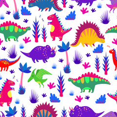 Obraz premium Bright colorful funny dinosaurs seamless pattern. Cartoon flat style