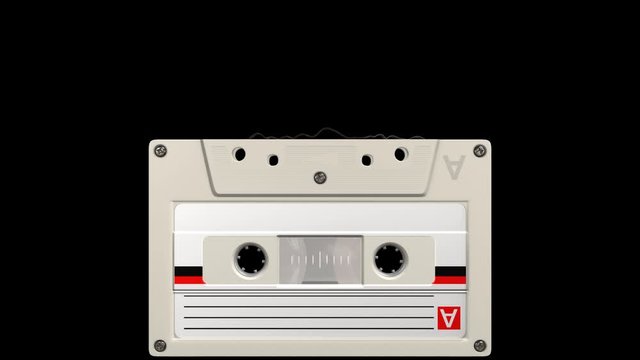 3d animated  white audio cassette with tape animation reacting to 4 types of BPS music 90-160 bps and alpha channel 