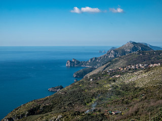 panorama of the Sorrento peninsula with Capri in background, Amalfi Coast, Campania, Italy