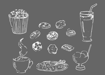 fast food food set.freehand drawing, vector.pizza, drinks, cakes, ice cream, coffee isolated on a dark background