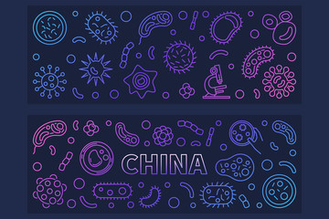 China Viruses vector concept outline colored horizontal banners set