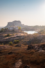 Vertical View of Jaswant Thada and Mehrangarh Fort in Jodhpur city in Rajasthan, India