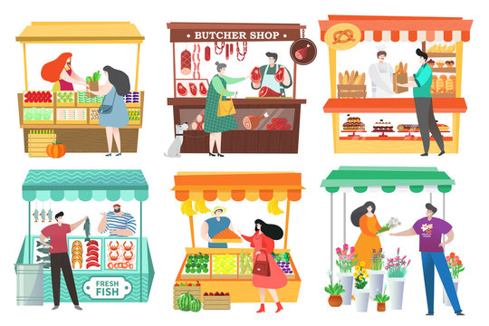 People at food market buy and sell farm products, fruit and vegetable stall, vector illustration. Healthy food at marketplace, men and women cartoon characters. Butcher shop, bakery and seafood market