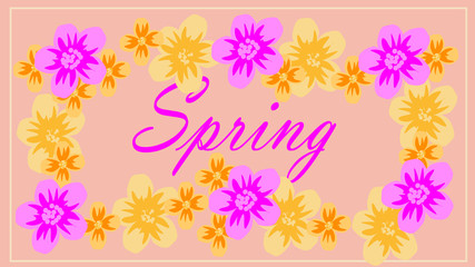 Fototapeta na wymiar Spring flower landscape. Spring blooming spring flowers against beige background. Multi-colored flowers in spring. Lettering Spring. copyspace