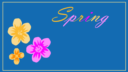 Spring flower landscape. Spring blooming spring flowers against beige background. Multi-colored flowers in spring. Lettering Spring. copyspace