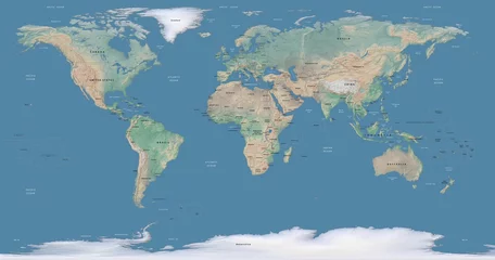 Foto auf Acrylglas physische Weltkarte mit Hauptstädten und Beschreibungen auf dunkelblauem Hintergrund © martynan