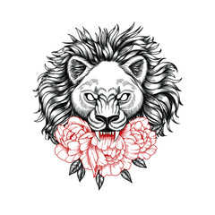 Angry lion with flowers