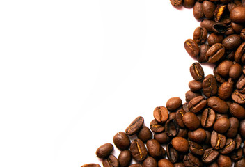 Studio shot, Close-up of coffee bean on white background. Set of fresh roasted coffee beans. copy space.
