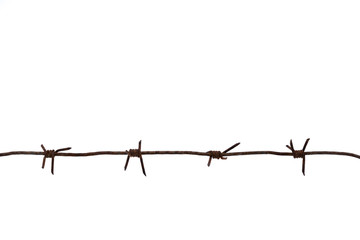 Old rusty metal barbed wire of times of the second world war isolated on white background