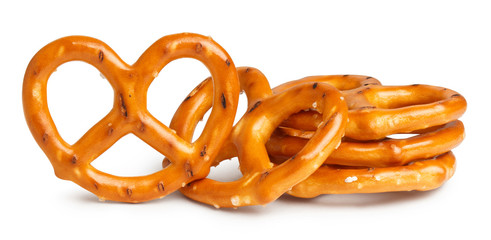 Close-up of delicious salty pretzels, isolated on white background