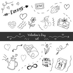 Valentine's day set. Vector illustration. Doodles. Stickers. Circuit.