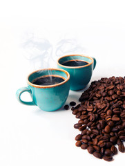 cup of coffee and beans. Studio shot, Close-up of coffee bean on white background. Set of fresh roasted coffee beans. copy space.