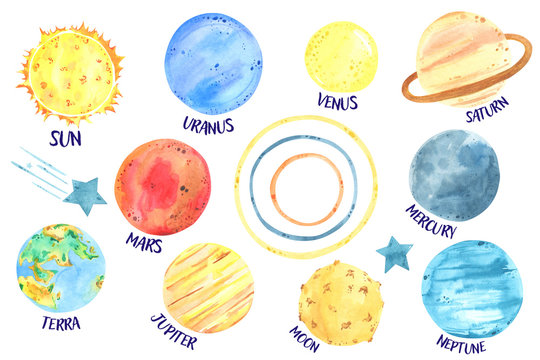 Watercolor set solar system, planets, space. Planet and space element on white background