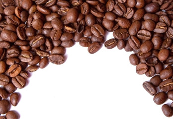 Studio shot, Close-up of coffee bean on white background. Set of fresh roasted coffee beans. copy space. Coffee Beans Isolated On White Background. Coffee frame