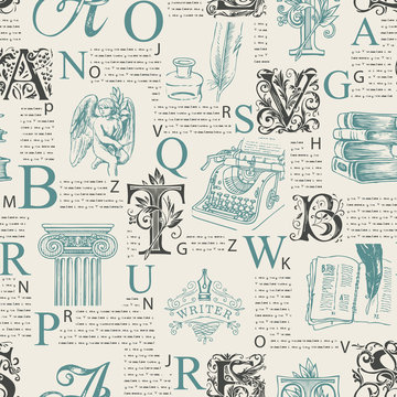 Vector seamless pattern with ornate initial letters and literary images on printed pages background. Unreadable text, capital letters and sketches. Suitable for Wallpaper, wrapping paper, fabric