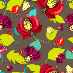 Naklejka premium Colorful background with red and violet flowers on a beige background. Hand drawn illustration. Can be used for textile, wallpaper or wrapping paper. Vector eps10