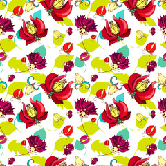 Seamless pattern with red flowers and foliage, hand-drawn illustration, seasonal ornament for textile or paper. Floral ornamental background isolated on white. Vector eps10