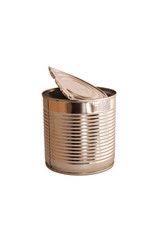 Empty opened tin can isolated on white background. Close-up. Recycling concept