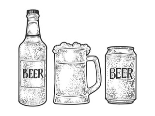 Beer bottle mug can sketch engraving vector illustration. T-shirt apparel print design. Scratch board imitation. Black and white hand drawn image.