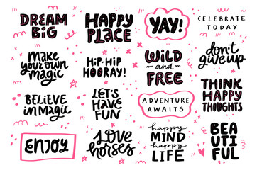 Obraz premium Congrats festive, motivation, lifestyle phrase set. Quote hand drawn black and pink lettering. Design elements for greeting card, poster, print, t shirt.