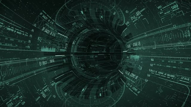 Looping HUD tech tunnel.3D render seamless looping Sci Fi digital infographic futuristic technological HUD tunnel.