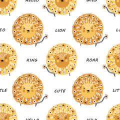 Seamless pattern for kids with Cute Floral Lion. Hand drawn doodle Lion Head with Flower Mane Summer background. Cartoon Animal vector illustration. Wallpaper for Children