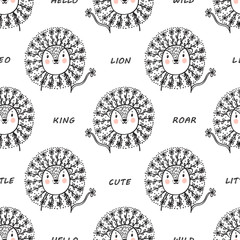 Seamless pattern for kids with Cute Floral Lion. Hand drawn doodle Lion Head with Flower Mane Summer background. Cartoon Animal vector illustration. Wallpaper for Children