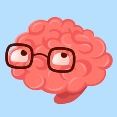 Vector creative illustration of pink human brain character with eyes and glasses on blue background.